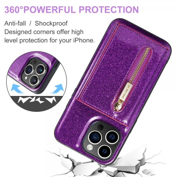 Dg.Ming iPhone 15 Pro Skal M3 Series Löstagbar Korthållare Glitter Lila