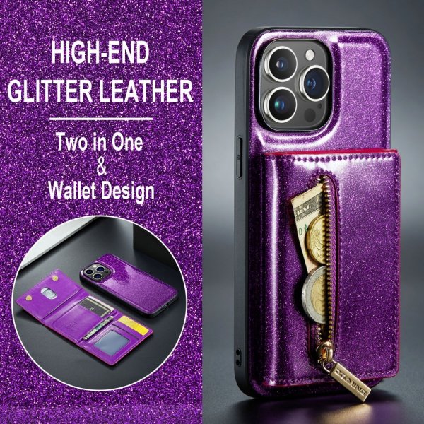 Dg.Ming iPhone 15 Pro Skal M3 Series Löstagbar Korthållare Glitter Lila