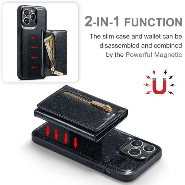 Dg.Ming iPhone 15 Pro Skal M3 Series Löstagbar Korthållare Glitter Svart