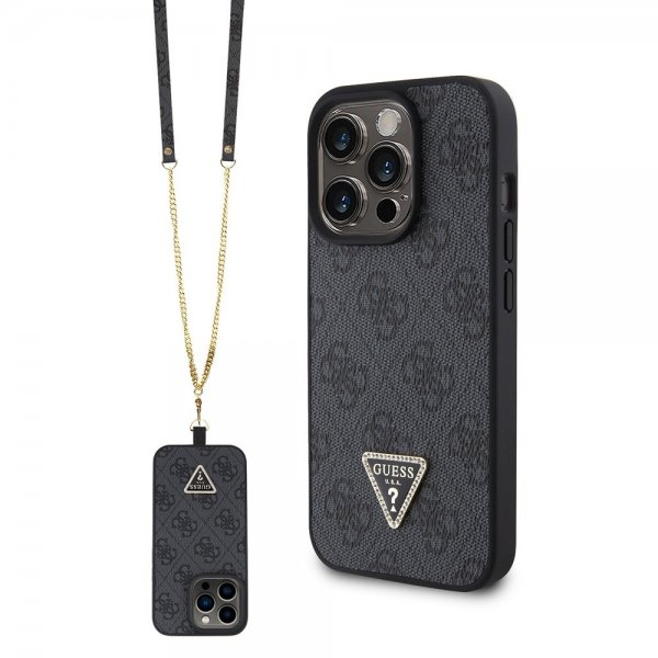 Guess iPhone 15 Pro Skal Metal Logo Strass Crossbody Strap Svart