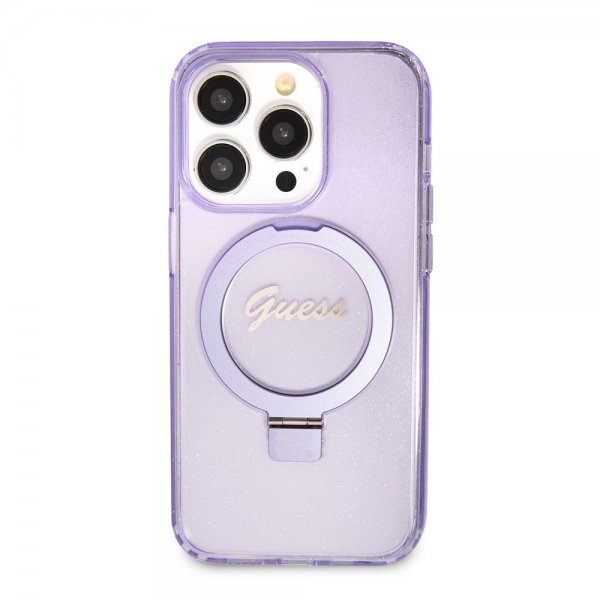 Guess iPhone 15 Pro Skal Ring Stand Glitter MagSafe Lila