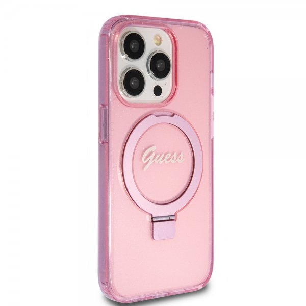 Guess iPhone 15 Pro Skal Ring Stand Glitter MagSafe Rosa