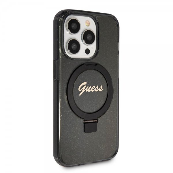 Guess iPhone 15 Pro Skal Ring Stand Glitter MagSafe Svart