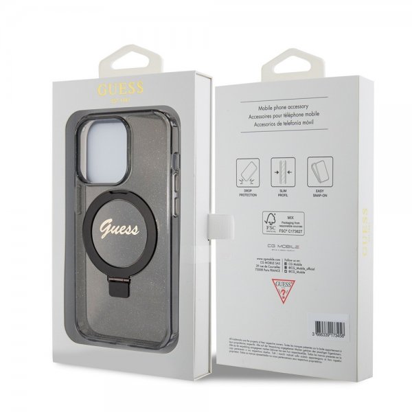 Guess iPhone 15 Pro Skal Ring Stand Glitter MagSafe Svart