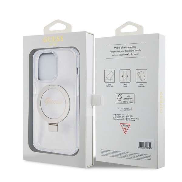 Guess iPhone 15 Pro Skal Ring Stand Glitter MagSafe Transparent