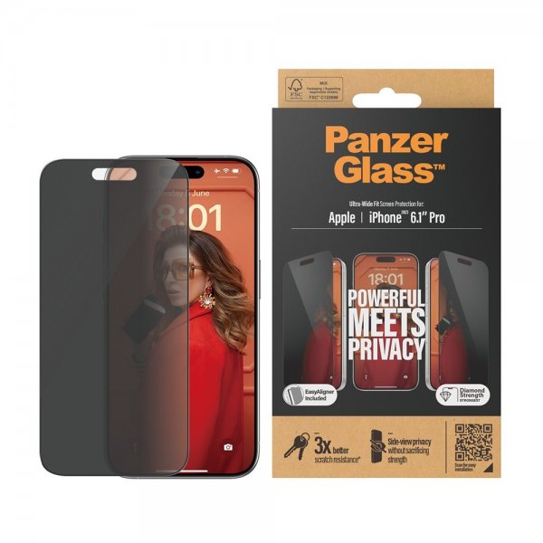 PanzerGlass iPhone 15 Pro Skärmskydd Ultra-Wide Fit Privacy EasyAligner