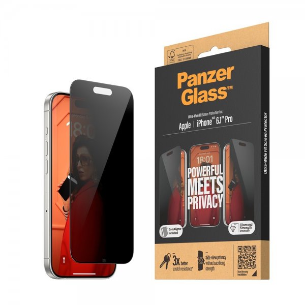 PanzerGlass iPhone 15 Pro Skärmskydd Ultra-Wide Fit Privacy EasyAligner