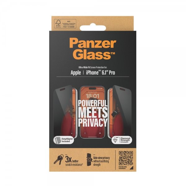 PanzerGlass iPhone 15 Pro Skärmskydd Ultra-Wide Fit Privacy EasyAligner