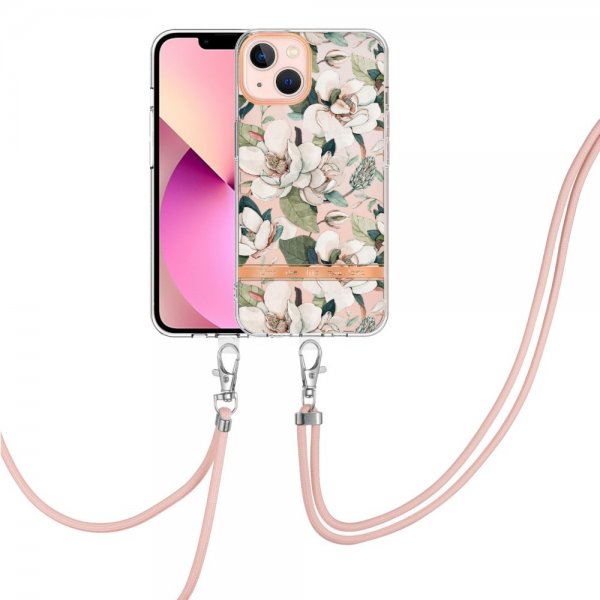 iPhone 15 Skal Blommönster med Strap Grön Gardenia