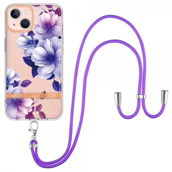 iPhone 15 Skal Blommönster med Strap Lila Begonia
