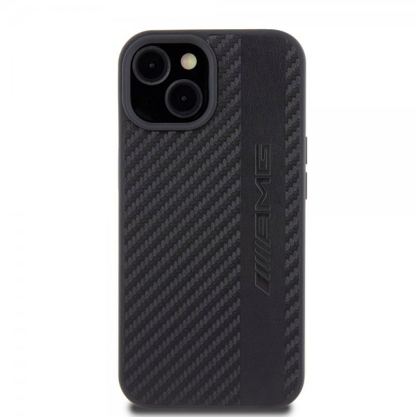 Mercedes Benz iPhone 15 Skal Carbon Effect Leather Stripe AMG Svart