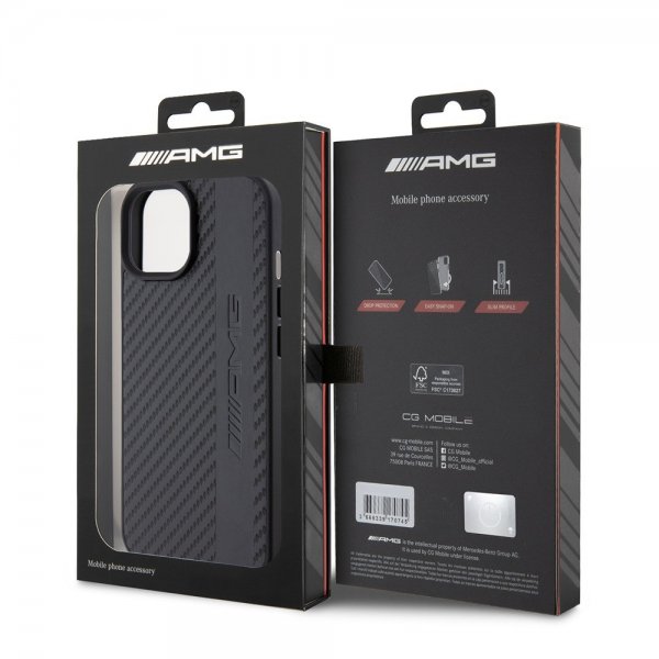 Mercedes Benz iPhone 15 Skal Carbon Effect Leather Stripe AMG Svart