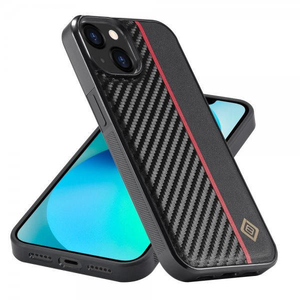 Lc.Imeeke iPhone 15 Skal Kolfibertextur Röd Stripe Svart