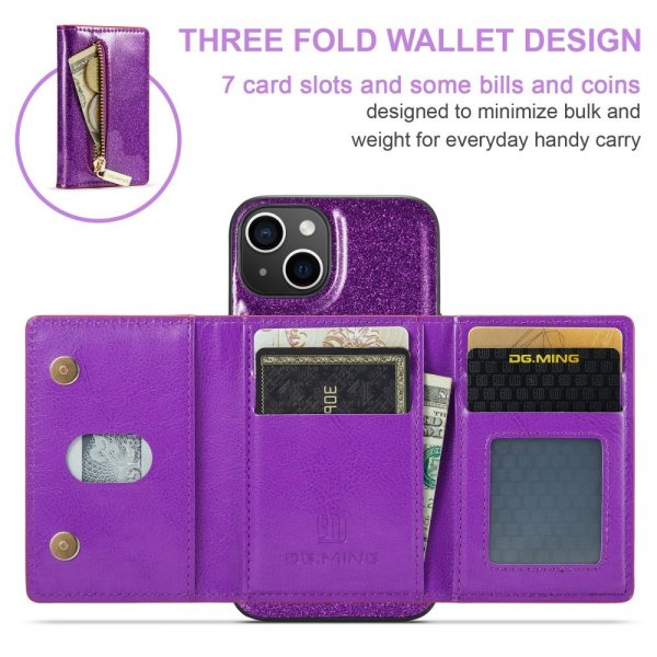 Dg.Ming iPhone 15 Skal M3 Series Löstagbar Korthållare Glitter Lila