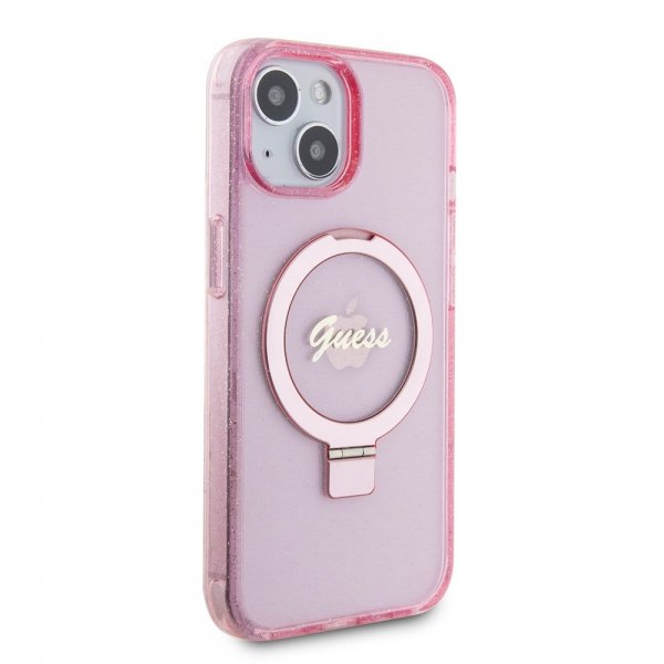 Guess iPhone 15 Skal Ring Stand Glitter MagSafe Rosa