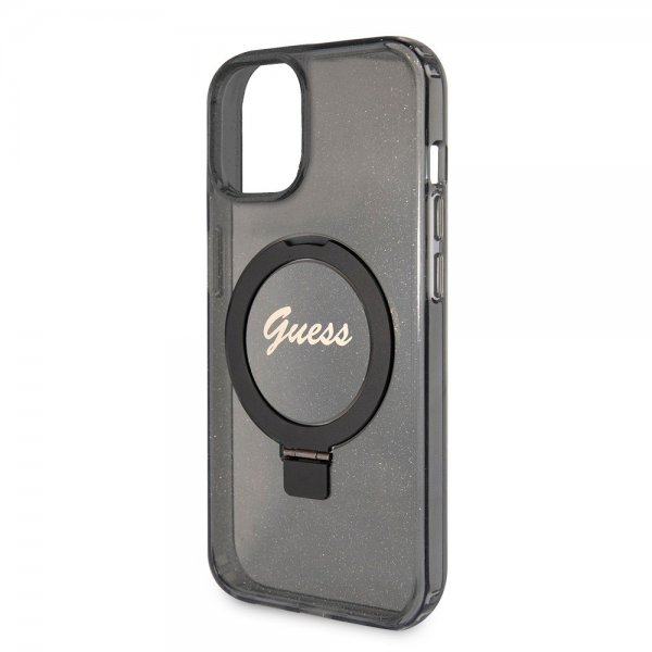 Guess iPhone 15 Skal Ring Stand Glitter MagSafe Svart