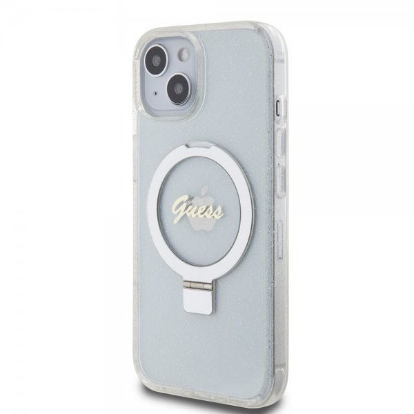 Guess iPhone 15 Skal Ring Stand Glitter MagSafe Transparent