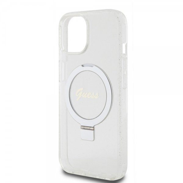 Guess iPhone 15 Skal Ring Stand Glitter MagSafe Transparent