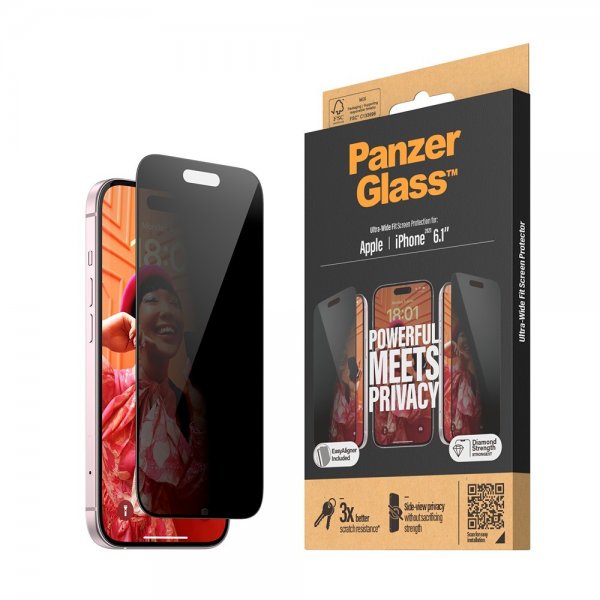 PanzerGlass iPhone 15 Skärmskydd Ultra-Wide Fit Privacy EasyAligner