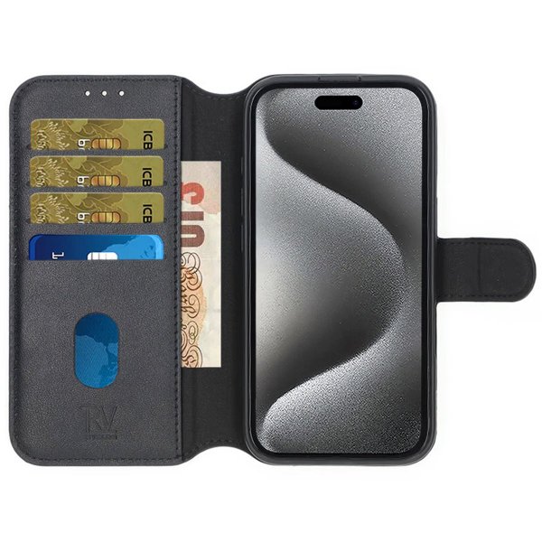 Rvelon iPhone 16 Fodral Äkta läder Kortfack Svart