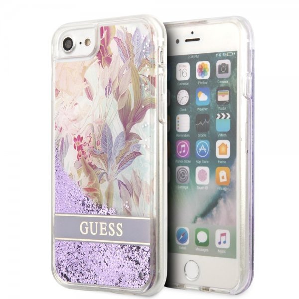 Guess iPhone 7/8/SE Skal Liquid Glitter Flower Pattern Lila