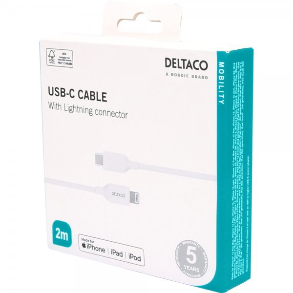 Deltaco Kabel USB-C Cable with Lightning Connector 2m Vit