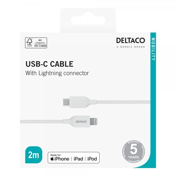 Deltaco Kabel USB-C Cable with Lightning Connector 2m Vit