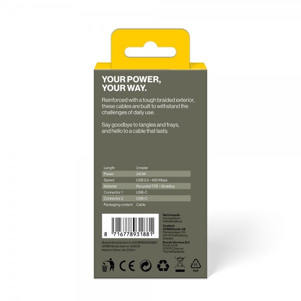 Aqiila Kabel Cablebird CB13 USB-C till USB-C 240W 3m Svart