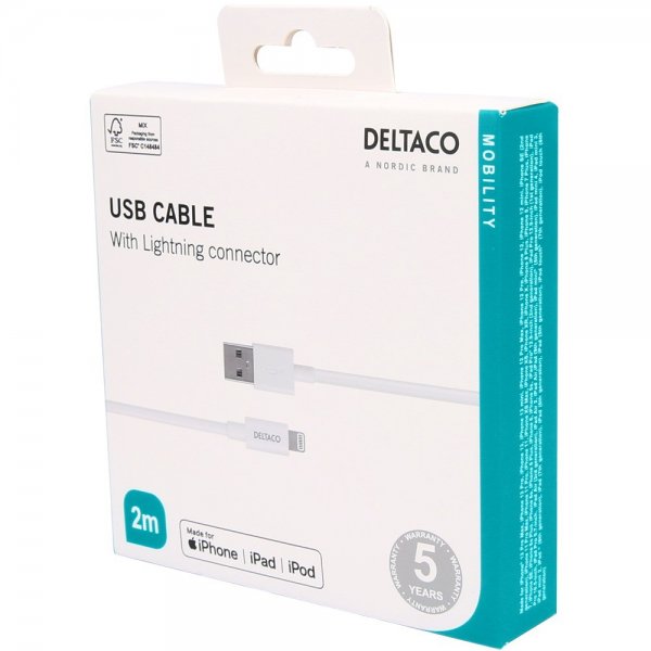 Deltaco Kabel USB-A Cable with Lightning Connector 2m Vit