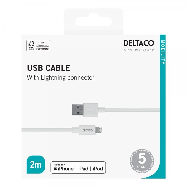 Deltaco Kabel USB-A Cable with Lightning Connector 2m Vit