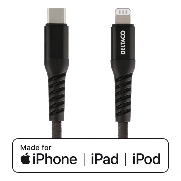 Deltaco Kabel USB-C till Lightning 1 meter Tygbeklädd Svart
