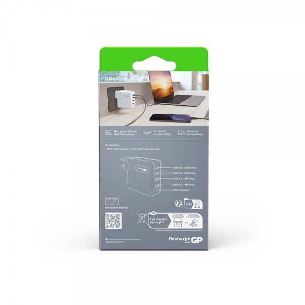 GP Laddare 100W GaN 2xUSB-C + 2xUSB-A