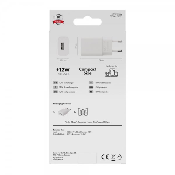 X2O Laddare 12W USB-A Vit