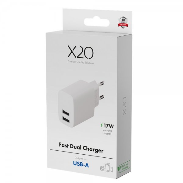 X2O Laddare 17W Dubbel USB-A/USB-A Vit