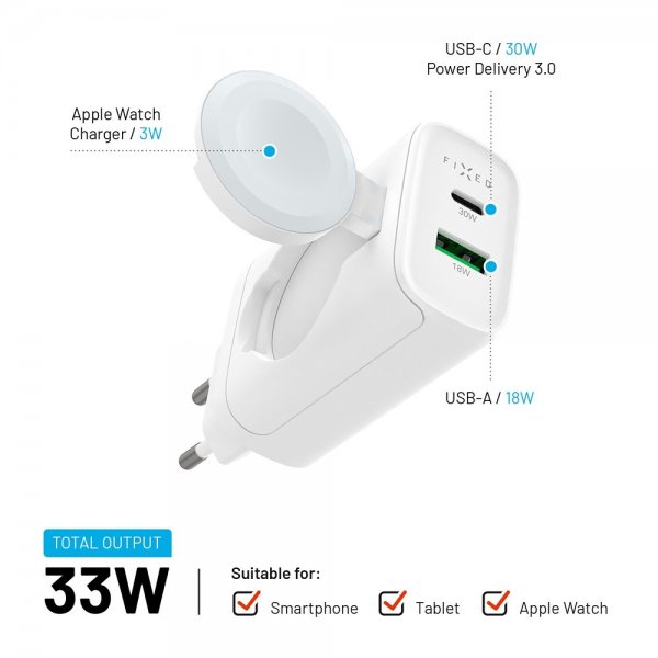 Fixed Laddare GaN 33W Apple Watch/USB-C/USB-A
