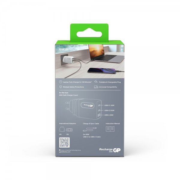 GP Laddare GaN PD 65W 2xUSB-C + 1xUSB-A