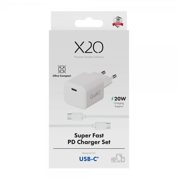 X2O Laddare med Kabel 1.2m 20W USB-C GaN Vit