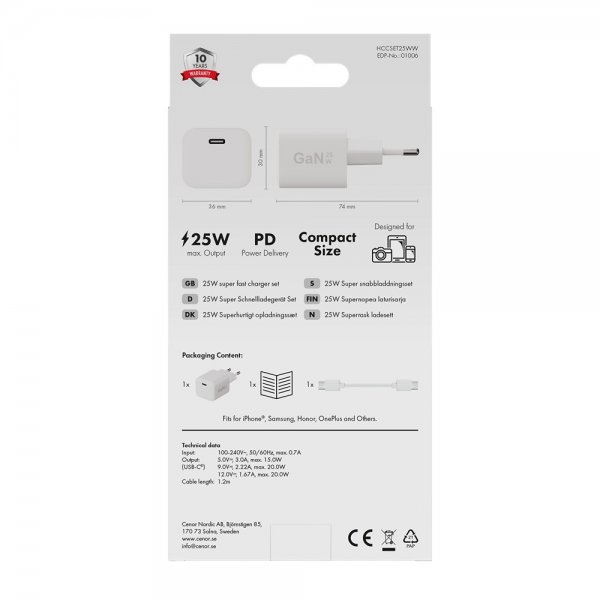 X2O Laddare med Kabel 1.2m 25W USB-C GaN Vit