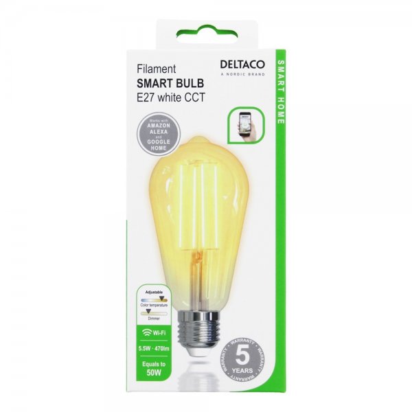 Deltaco Smart Home LED-lampa Filament E27 WiFi ST64 5.5W