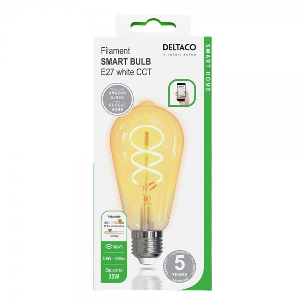 Deltaco Smart Home LED-lampa Filament E27 WiFi ST64 Spiral 5.5W