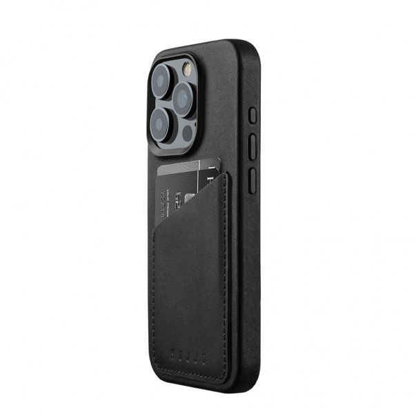 Mujjo iPhone 15 Pro Skal Full Leather Wallet Case MagSafe Svart