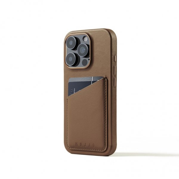 Mujjo iPhone 16 Pro Skal Full Leather Wallet Case Dark Tan