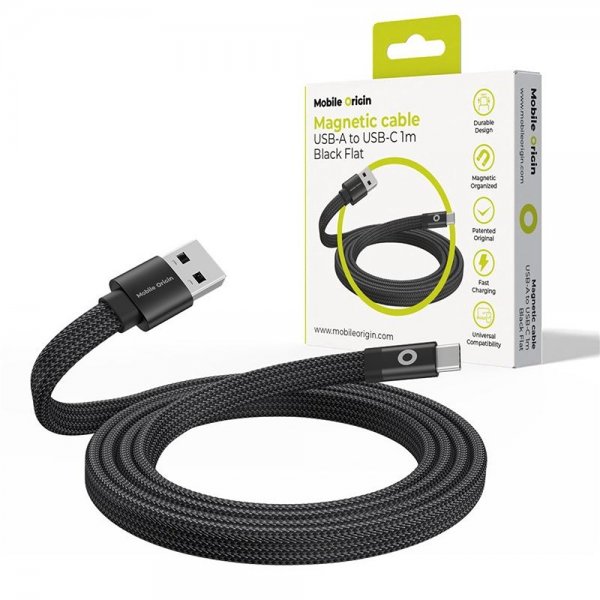 Mobile Origin Platt Kabel Magnetisk USB-A till USB-C 1m Svart