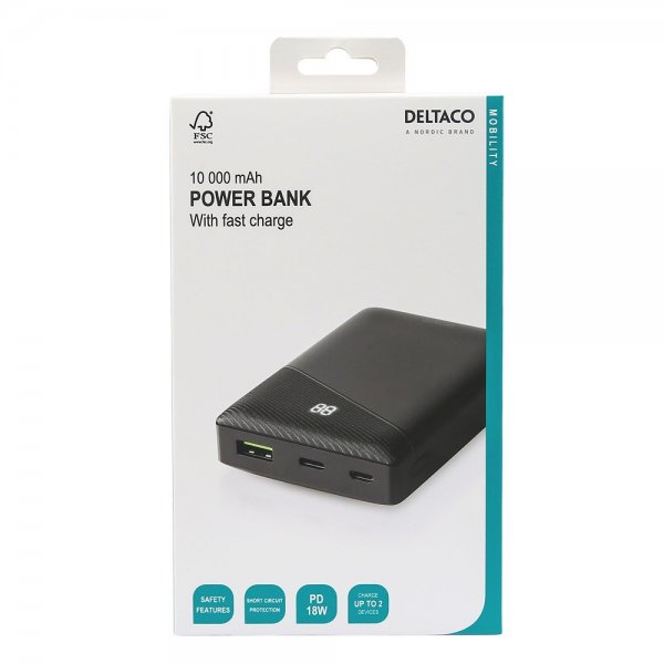 Deltaco Powerbank 10 000 mAh Fast Charge 18W Svart