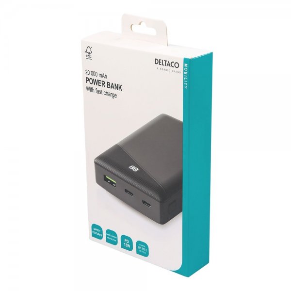 Deltaco Powerbank 20 000 mAh Fast Charge 18W Svart
