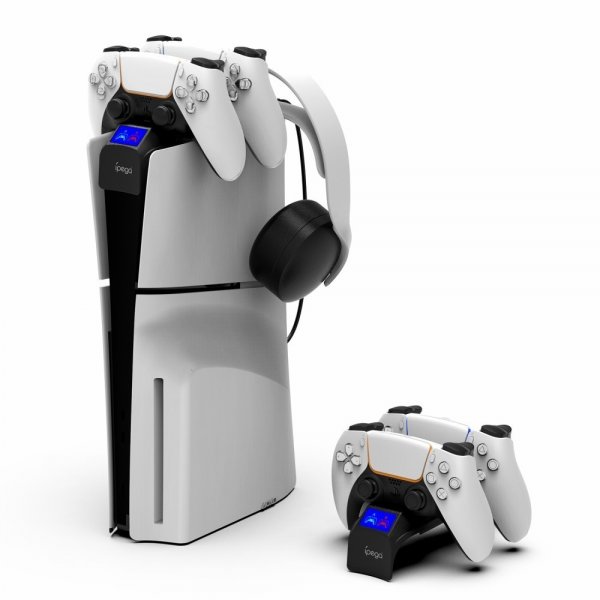 Ipega PS5 Slim Toppmonterad Kontrolladdare med Hörlurshållare