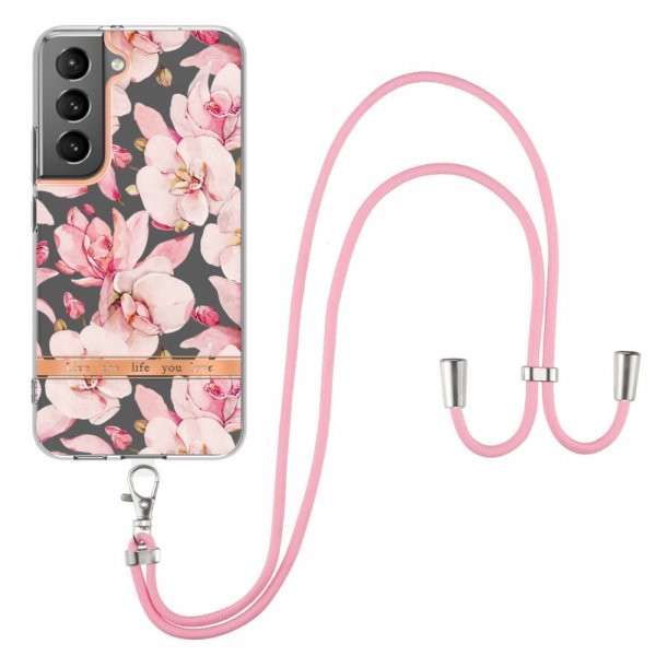 Samsung Galaxy S22 Plus Skal Blommönster med Strap Rosa Gardenia