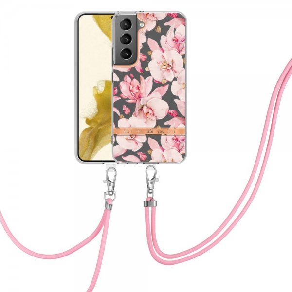 Samsung Galaxy S22 Plus Skal Blommönster med Strap Rosa Gardenia