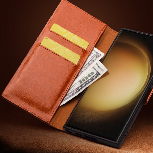 Qialino Samsung Galaxy S23 Fodral Äkta Läder Mörkbrun