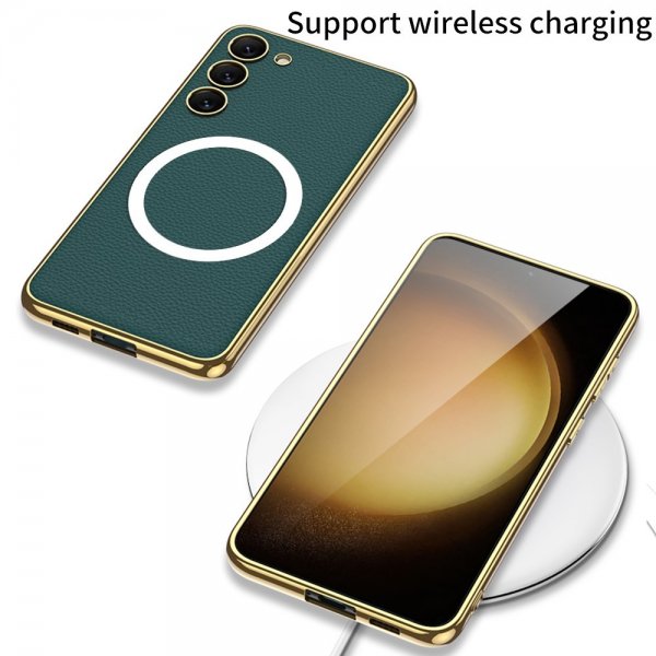 GKK Samsung Galaxy S23 Plus Skal Litchimönster Pläterad Kant MagSafe Grön